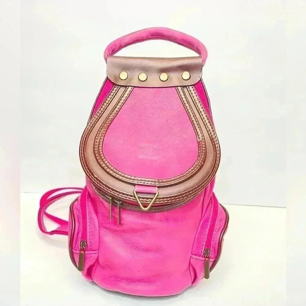 Pink Women’s Leather Backpack with Contrast Trim